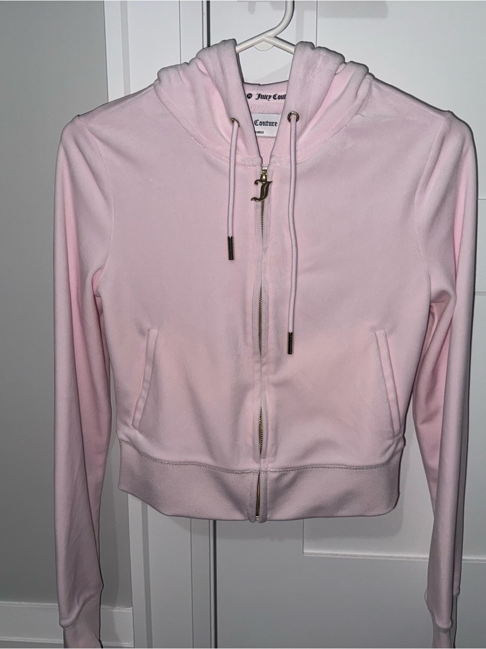 Juicy Couture Pale Pink Velour Zip-Up Hoodie with Gold Accents